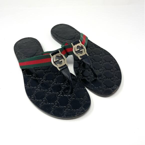 Gucci GG Web Stripe Thong Sandals Flip Flop Flat Slide Slip On Black EU 38 - Picture 1 of 12